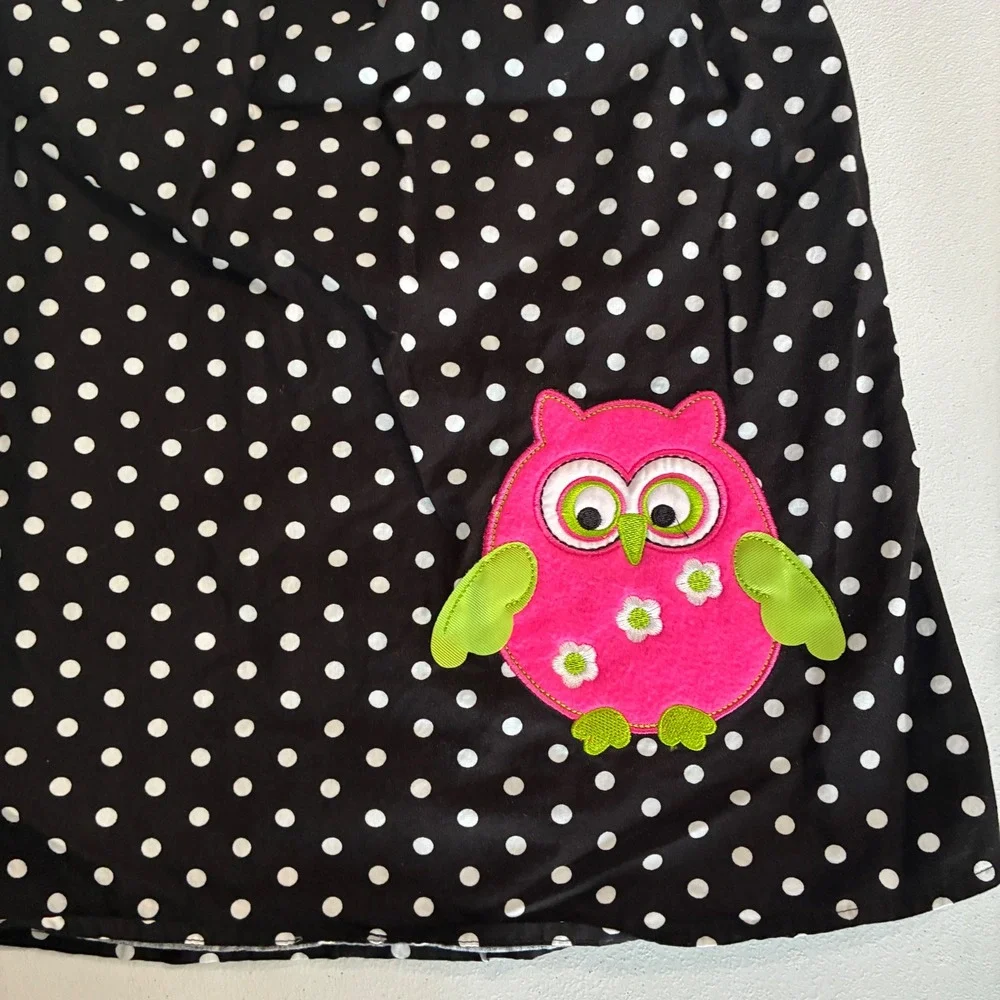 Rare Editions‎ Polka Dot Dress Girls 6 Black Pink Owl Applique Neon Whimsical
